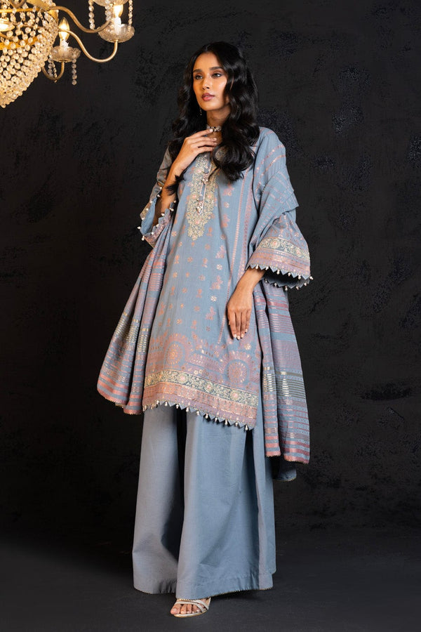 3 Pc Embroidered Jacquard Suit With Jacquard Dupatta