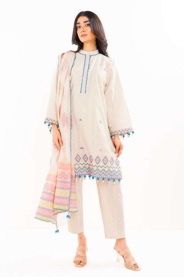 3 Pc Embroidered Dobby Dyed Suit With Jacquard Dupatta