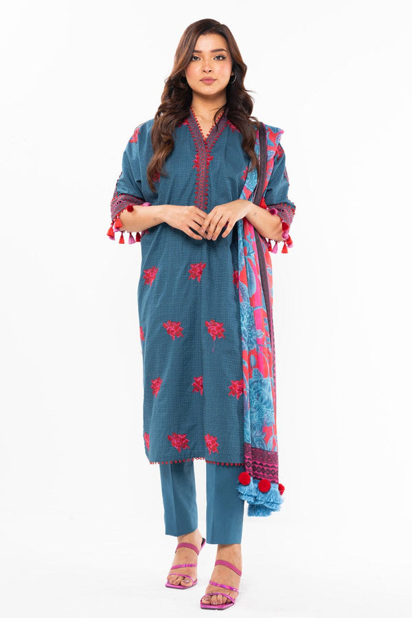 3 Pc Embroidered Doby Dyed Suit With Silk Dupatta