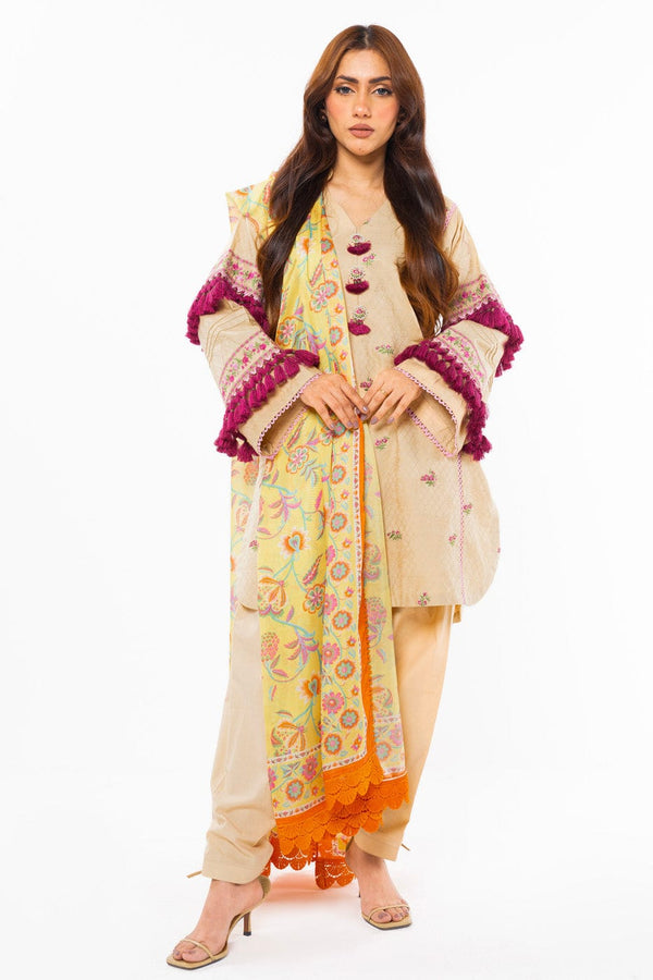 3 Pc Embroidered Dyed Doby Suit With Silk Dupatta